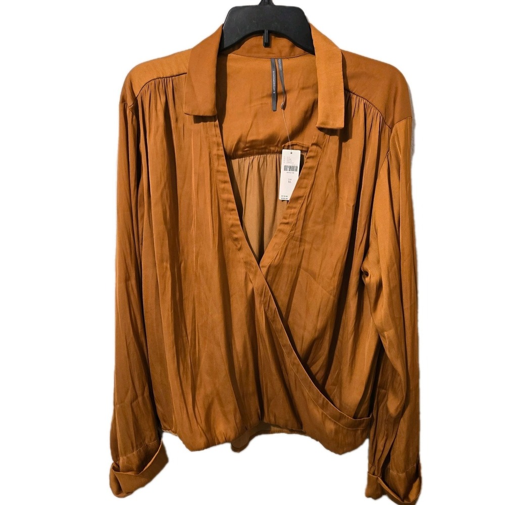 Anthropologie Wrap Blouse Cuffed Sleeves  Rust Orange Satinish Size XL NWT